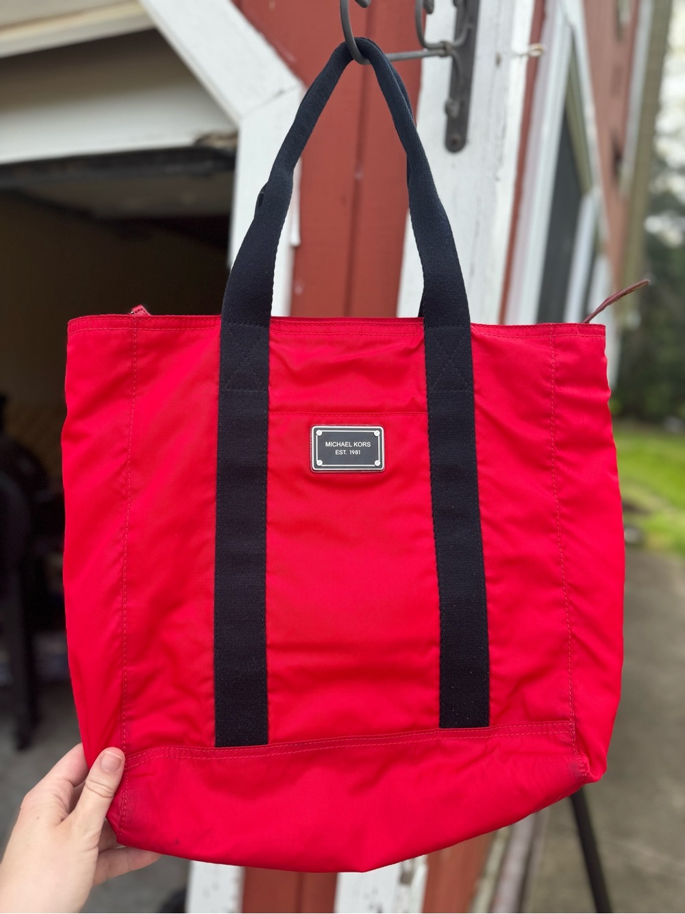MICHAEL Michael Kors Red Nylon Tote Bag Black Straps Large Carryall